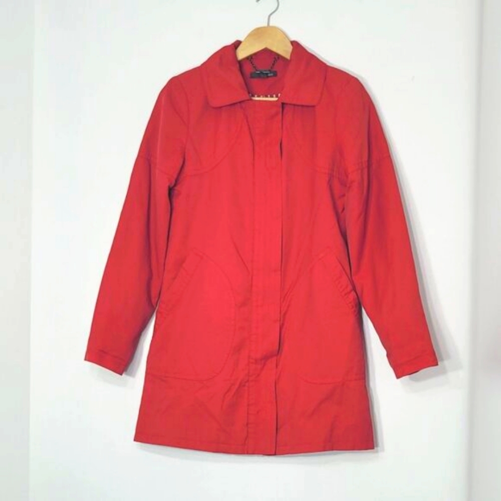 Suka Red Cotton Blend Pockets Full Zipper Button Details Casual Trench Coat XS